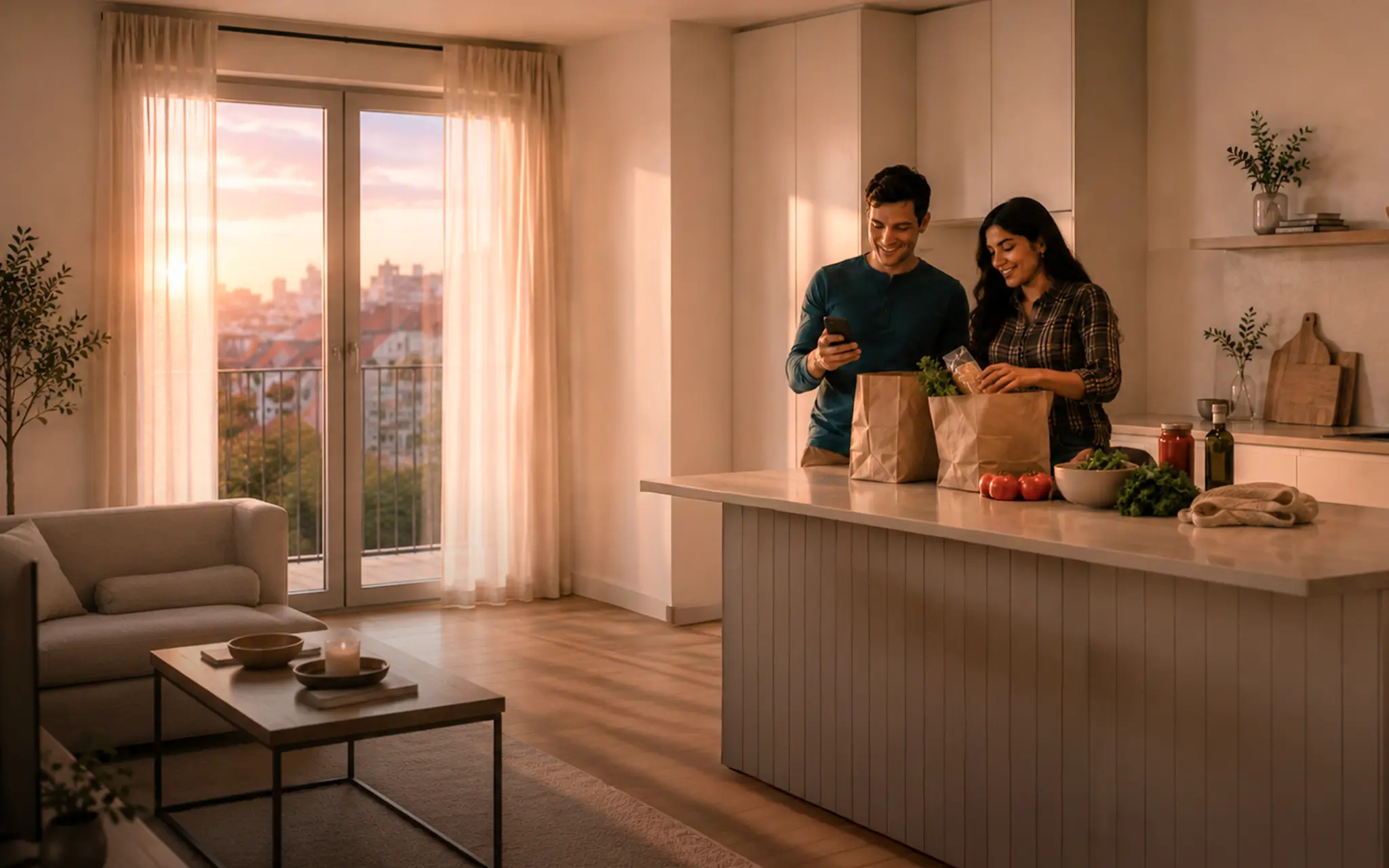 Couple unpacking groceries in their kitchen at sunset